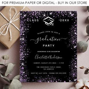 Graduation black purple glitter budget invitation flyer