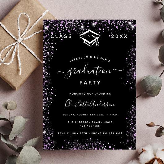 Graduation black purple violet glitter glamorous invitation postcard