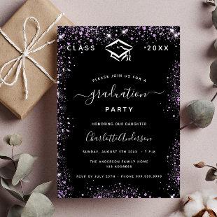 Graduation black purple violet glitter luxury invitation