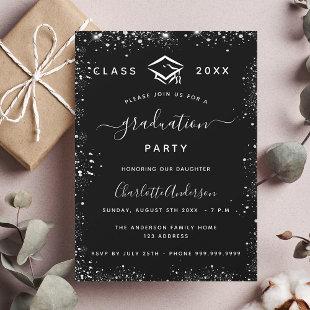 Graduation black silver glitte glamorous invitation postcard