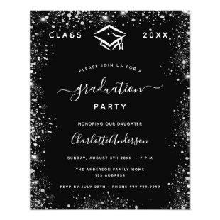 Graduation black silver glitter budget invitation flyer
