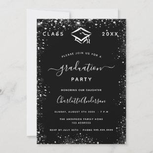 Graduation black silver glitter dust modern invitation