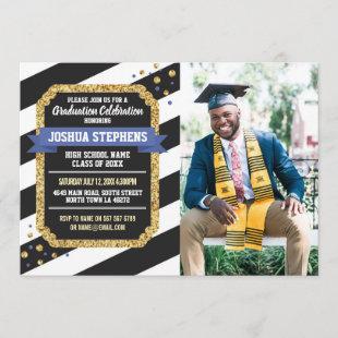 Graduation Blue Gold Photo Stripe Glitter Invite