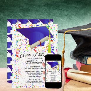 Graduation Blue Grad Cap Diploma Confetti Party Invitation