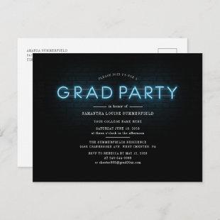 Graduation Blue Neon Grad 2024 Party Invitation Postcard