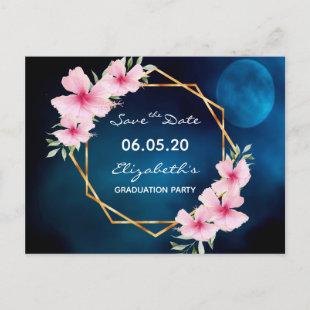 Graduation Blue pink flowers Save the date Postcard