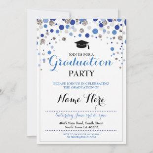 Graduation Blue Silver Party Polka Dot Invite