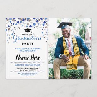 Graduation Blue Silver Party Polka Dot Photo Invitation