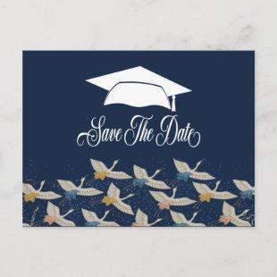 Graduation Blue Vintage Cranes Save The Date Announcement Postcard