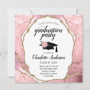 Graduation Blush Pink Agate Gold Glitter  Invitation