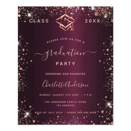 Graduation burgundy glitter dust budget invitation flyer