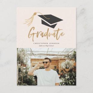 Graduation Cap and Tassel Gold Foil Photo Party Announcement Postcard