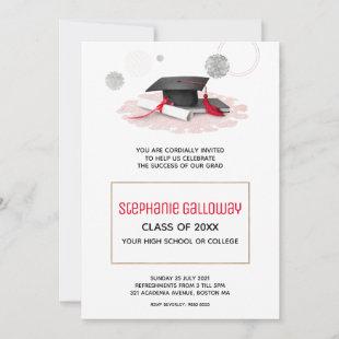 Graduation Cap Black & White Red Glitter Frame  In Invitation