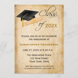 Graduation Cap, Diploma Parchment Look Invitation