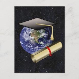 Graduation Cap, Earth w/diploma - Star Background Announcement Postcard