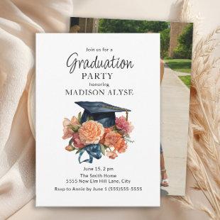 Graduation Cap Peach Floral Photo Graduation Invitation