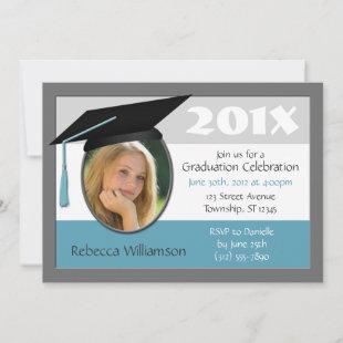 Graduation Cap & Tassel Photo Blue Invitations
