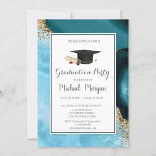 Graduation Cap Turquoise Marble Graduation Party Invitation