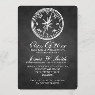 Graduation Chalkboard Vintage Compass Black Invitation