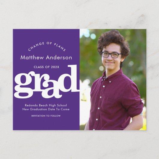 Graduation change of plans purple bold typography invitation postcard