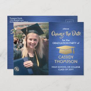 Graduation Change the Date Photo Blue Gold Update Announcement Postcard