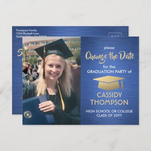Graduation Change the Date Photo Blue Gold Update Announcement Postcard