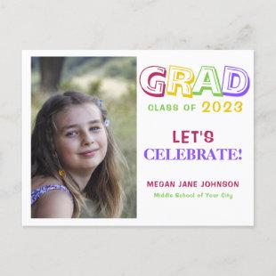 Graduation colorful middle school grad photo invitation postcard