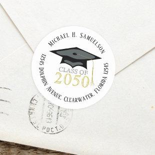 Graduation Elegant Back and Gold Return Address Classic Round Sticker