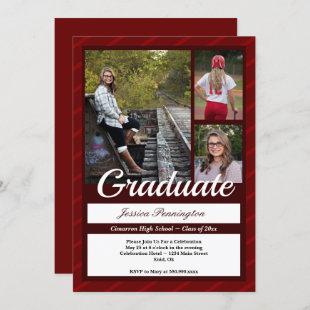 Graduation Elegant Script Red and Wine Pinstripe Invitation