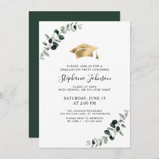 Graduation Eucalyptus Gold Cap and Tassel Party Invitation