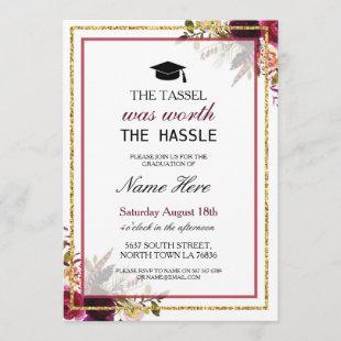 Graduation Floral Berry Rustic Gold Invitation