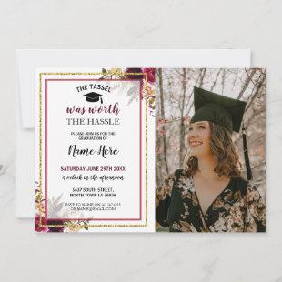 Graduation Floral Berry Rustic Gold Photo Invitation