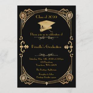 Graduation, Gatsby style, black gold,monogram back Invitation