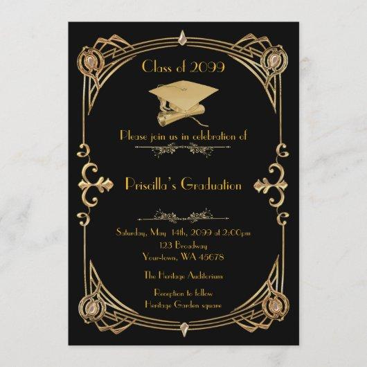 Graduation, Gatsby style, black gold,monogram back Invitation