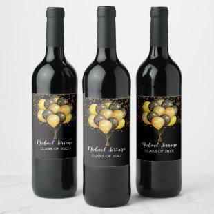 Graduation Gold And Black Balloons And Confetti Wine Label