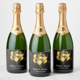 Graduation Gold And Black Confetti And Balloons Sparkling Wine Label
