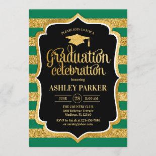 Graduation - Gold Black Green Stripes Invitation