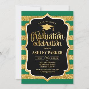 Graduation - Gold Black Green Stripes Invitation