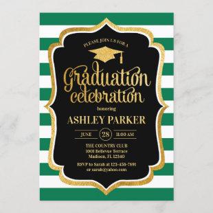 Graduation - Gold Black Green White Stripes Invitation