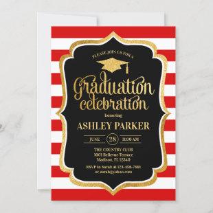 Graduation - Gold Black Red White Stripes Invitation