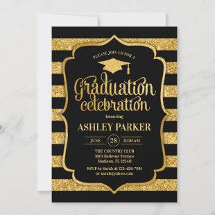 Graduation - Gold Black Stripes Invitation