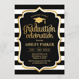 Graduation - Gold Black White Stripes Invitation