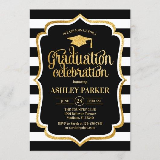 Graduation - Gold Black White Stripes Invitation