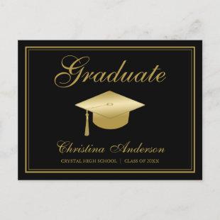 Graduation Gold Grad Cap & Script on Black Party Invitation Postcard