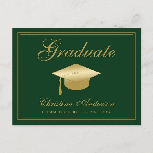 Graduation Gold Grad Cap & Script on Green Party Invitation Postcard