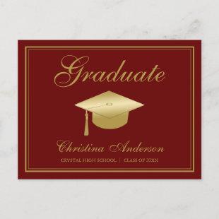 Graduation Gold Grad Cap & Script on Maroon Party Invitation Postcard