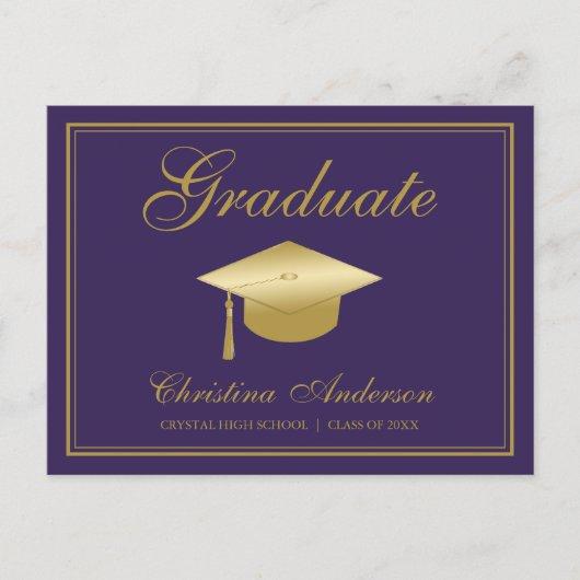 Graduation Gold Grad Cap & Script on Purple Party Invitation Postcard