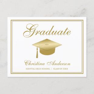 Graduation Gold Grad Cap & Script on White Party Invitation Postcard