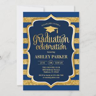 Graduation - Gold Navy Blue Stripes Invitation