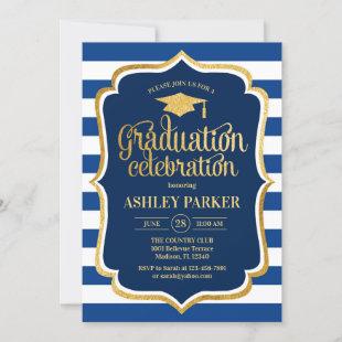 Graduation - Gold Navy Blue White Stripes Invitation